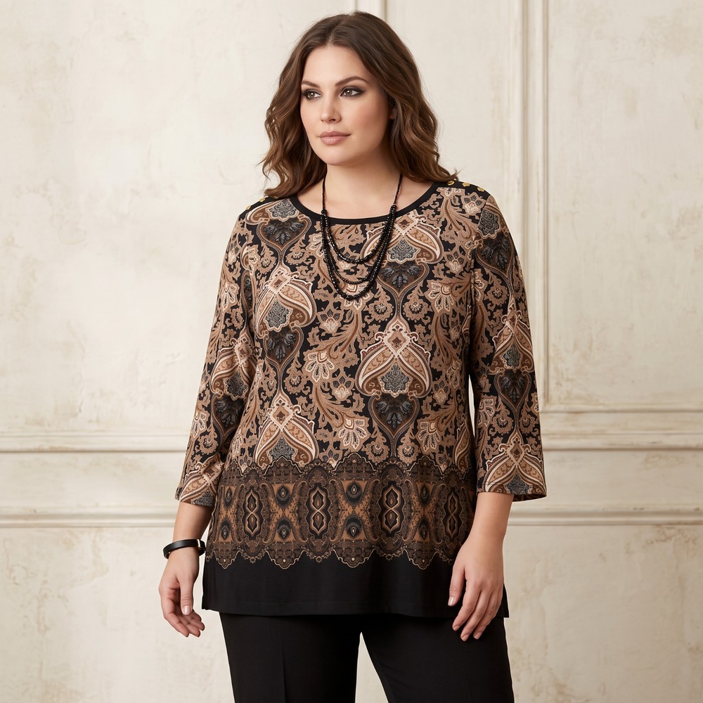 Rafaella Paisley Tapestry Knit Top Gold Button Retro 70s Boho Black Beige 1X